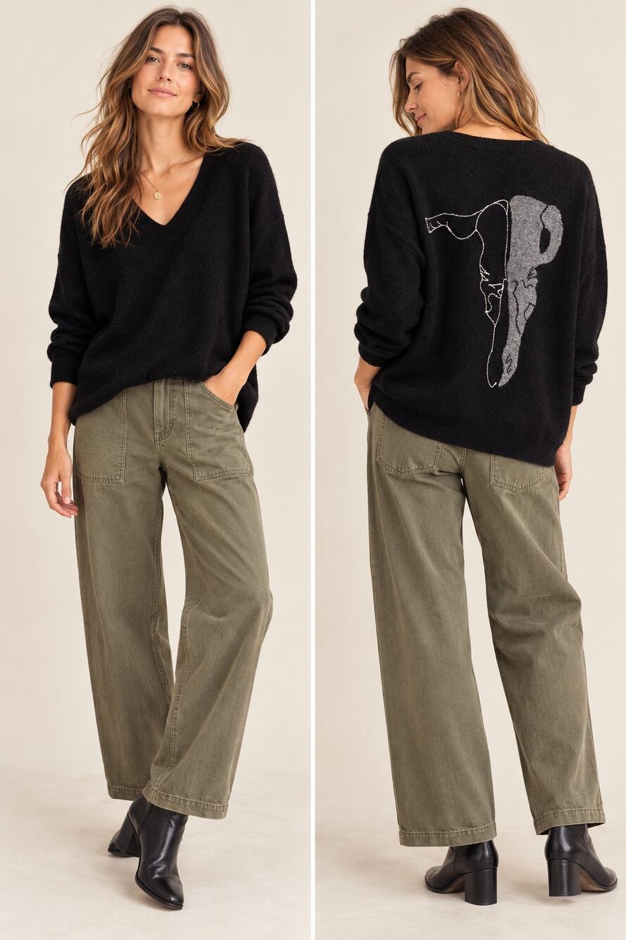 Skull Cashmere Black V-Neck Cow Skull Intarsia Sweater 100% Cashmere Size M